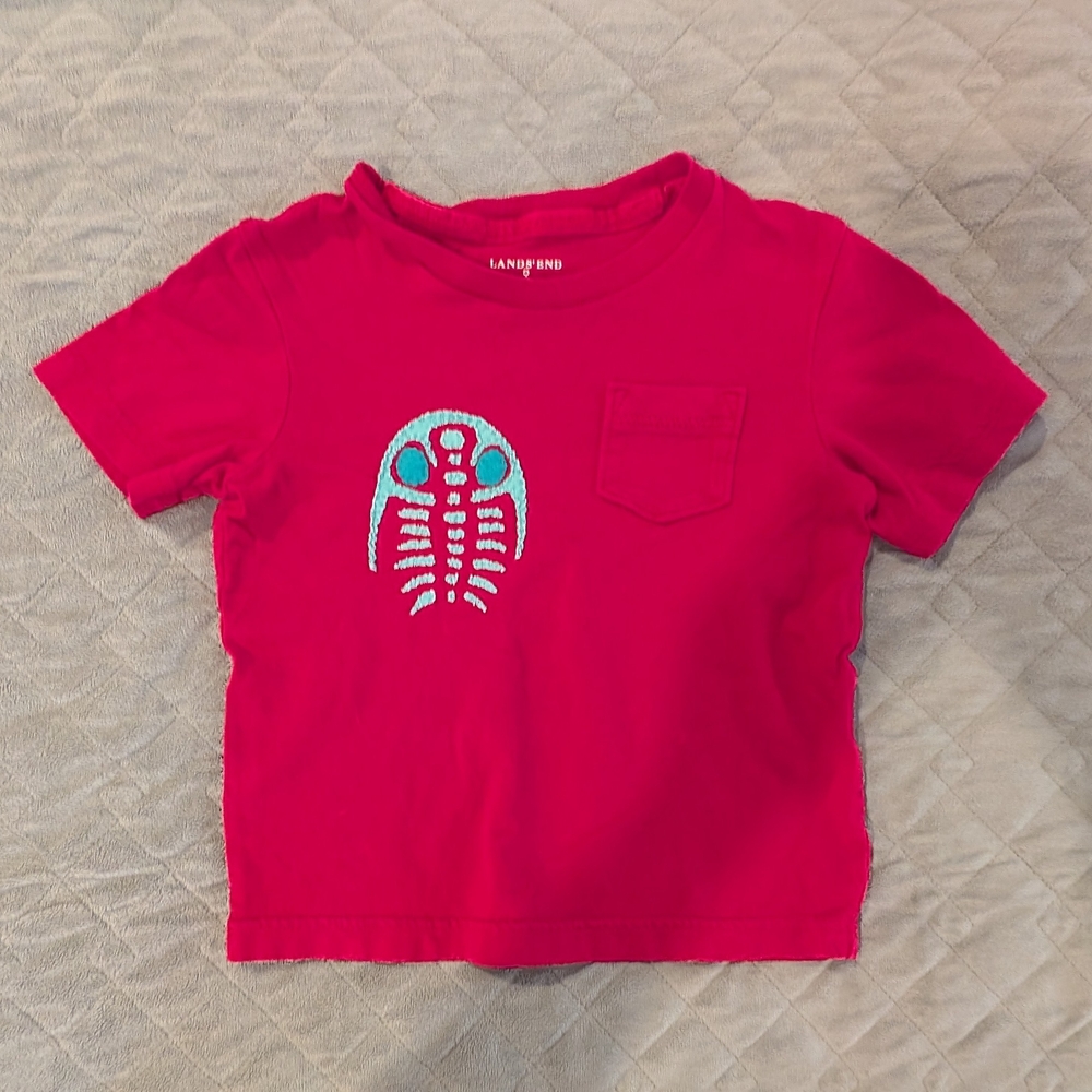 Lands' End 3T Kids Bright Red Tee with Fun Skeleton Design